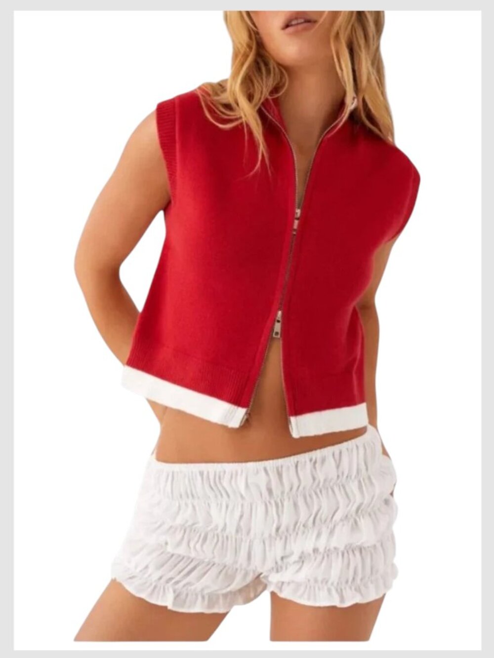 Peppermayo Janey Zip Knit Vest Red White Cropped Sleeveless S/M